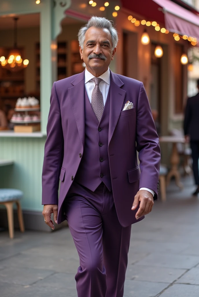 A very rich businessman of India who is going to a bakery wearing a purpule colour 3 piece suit 50 year old