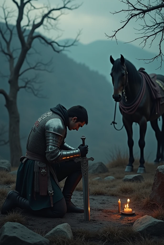 The camera shots from above kneeling man holding sword near horse, medieval dark fantasy, medieval holy knight crusader, holy knight crusader of the middle ages, holy crusader of the middle ages, arthur tarnowski, vikings and templars aesthetics, adam marczynski, still from fantasy movie, holy medieval crusader, holy sword in hands, medieval fantasy, fantasy middle ages, sad crusader, prayer at the grave.
