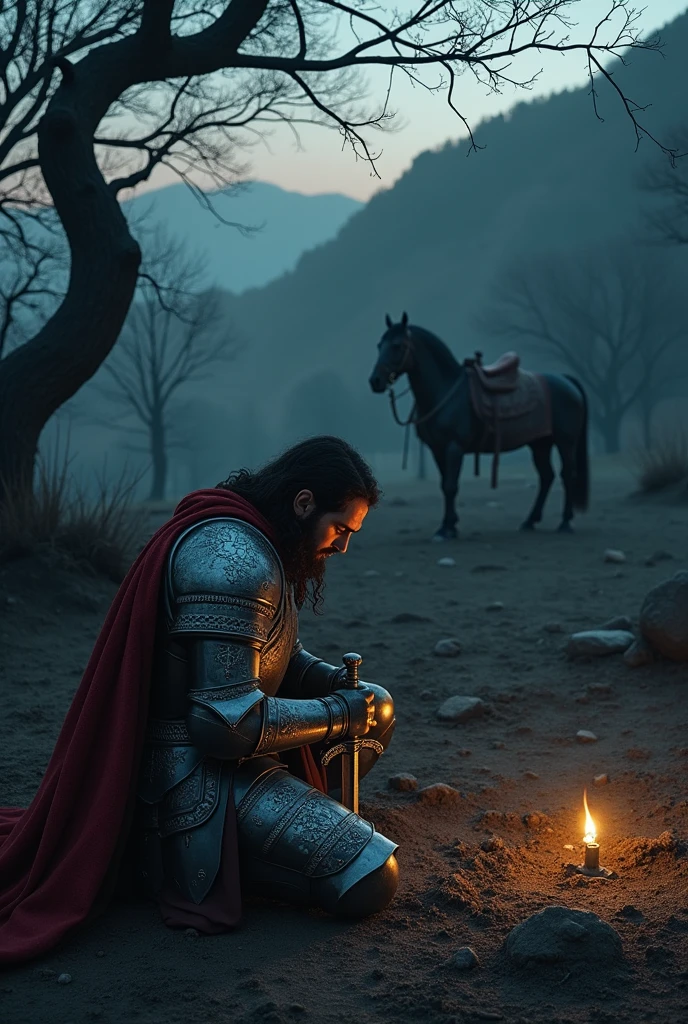 The camera shots from above kneeling man holding sword near horse, medieval dark fantasy, medieval holy knight crusader, holy knight crusader of the middle ages, holy crusader of the middle ages, arthur tarnowski, vikings and templars aesthetics, adam marczynski, still from fantasy movie, holy medieval crusader, holy sword in hands, medieval fantasy, fantasy middle ages, sad crusader, prayer at the grave.
