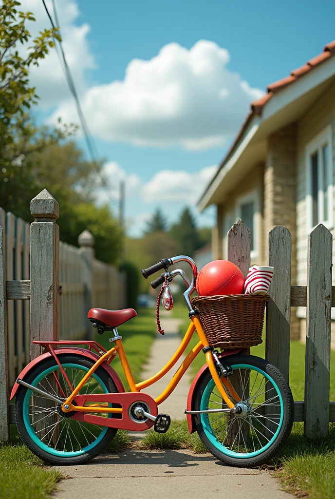 A bicycle is leaning against the fence of a house. There is a ball and a pair of socks in the bicycle basket and a pair of school shoes are hanging on the bicycle handle.