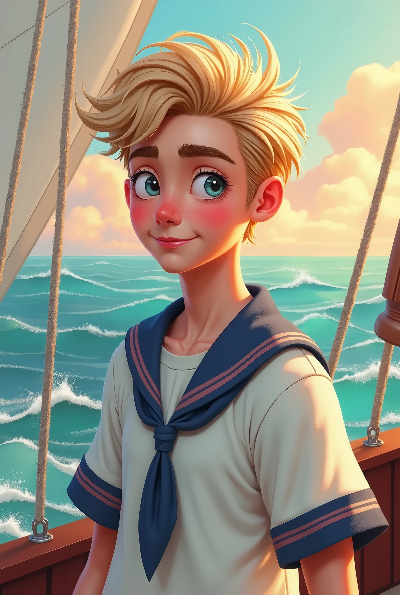 a digital painting of a young man with fair skin, pink lips, blonde hair and wearing a sailor suit 