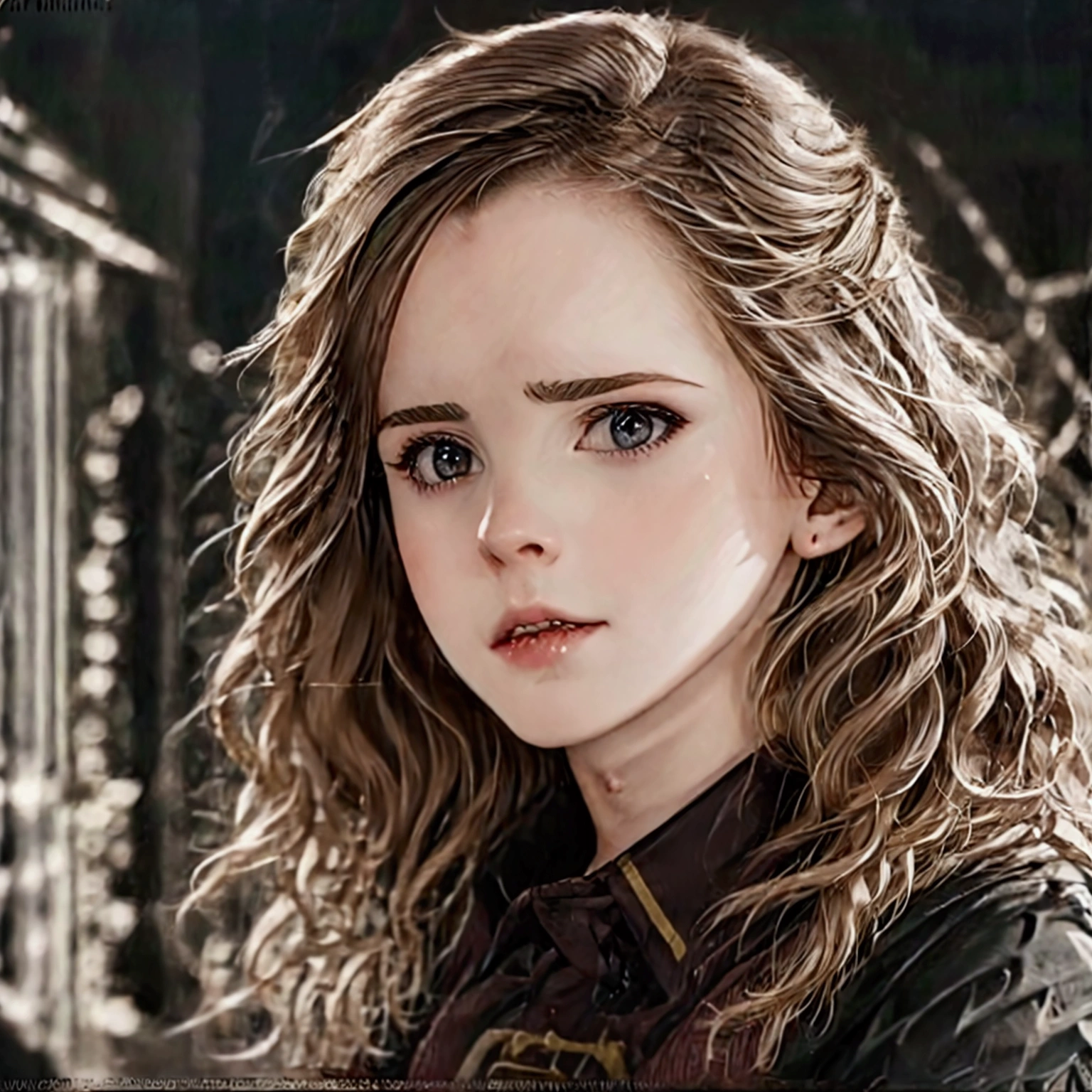 best quality, highres, ultra-detailed, realistic:1.37, (Emma Watson) dark, eerie, horror, trapped, struggling, helpless, tangled, creepy lighting, dramatic shadows, spider, intricate web, silk threads, delicate, transparent cocoon, fear, desperation, suspense, claustrophobic atmosphere, spooky ambiance, suspenseful, arachnid, tense, entangled, eerie silence, haunting, chilling, uncomfortable, disturbing, nightmarish, female, frightened expression, visible fear in her eyes, tangled hair, torn clothing, pale skin, desperate attempt to break free, struggling posture, eerie background, dimly lit environment, surreal, creepy crawlies, suspenseful narrative, mystery, a sense of impending danger, sinister, daunting, hauntingly beautiful.