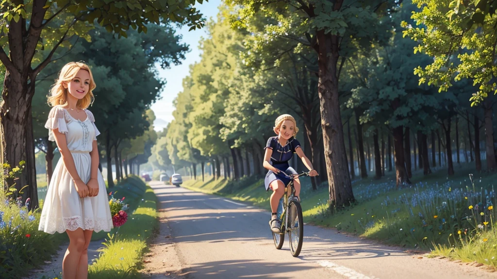 arafed woman posing with a vélo on a country road, équitation a bike, fait du vélo, porter une robe d'été fleurie, robe transparente, string dentelles bleues, lace upskirt ,Extérieurs, sourire taquin, j'essaie de le monter, jolie femme, vélos, Plan très rapproché, Bon, dans le soleil, Extérieur, tir serré, enfourche le vélo, blond