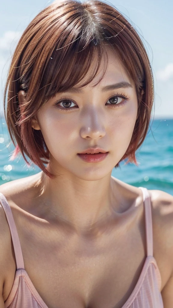 Model actress、One Woman、cool、Japanese and half European、Close-up of face、30 generation beauty、Realistic Skin、Seaside、4K images、bright pink hair、Short Hair