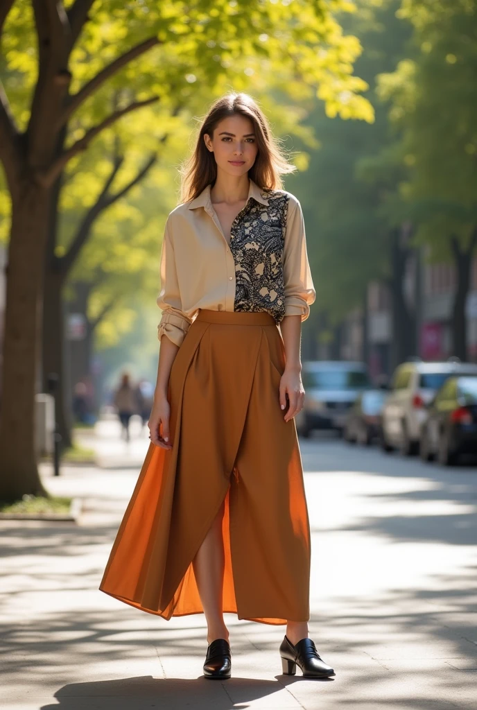 Woman with a beige shirt, on the white shirt there's a black print on the chest on the right side. Wear a caramel skirt and black shoes
