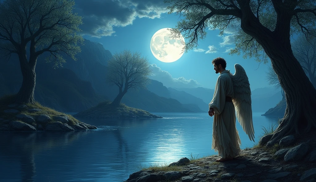 biblical times dark and silent night, on the banks of the Jabbok River,. Jacob, exhausted and with torn clothes after a long fight, begged for the blessing of an angel in the form of a man, and he granted him the blessing.,