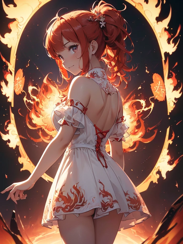 (((best quality, sharp image, clear image, cinematic lighting, 8k resolution, masterpiece, ultra detailed, intricate))) Girl, (((looking over left shoulder))), (shot from behind), ((half shot)), fiery red hair, pigtails, ((white dress)), ((flaming sigils, flaming runes)), spiky rock formations, (flaming lotus flowers frame), (intricate background), ((Phoenix)), (swirling flames), smiling