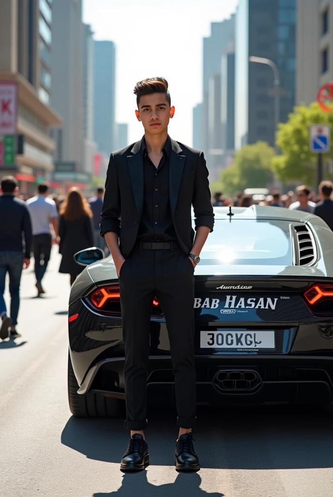 Creat a 3d illusion of 18 year's stylish boy, Stand on the road,with car,Wearing black dress, write Arbab Hassan with capital fonts on the car.