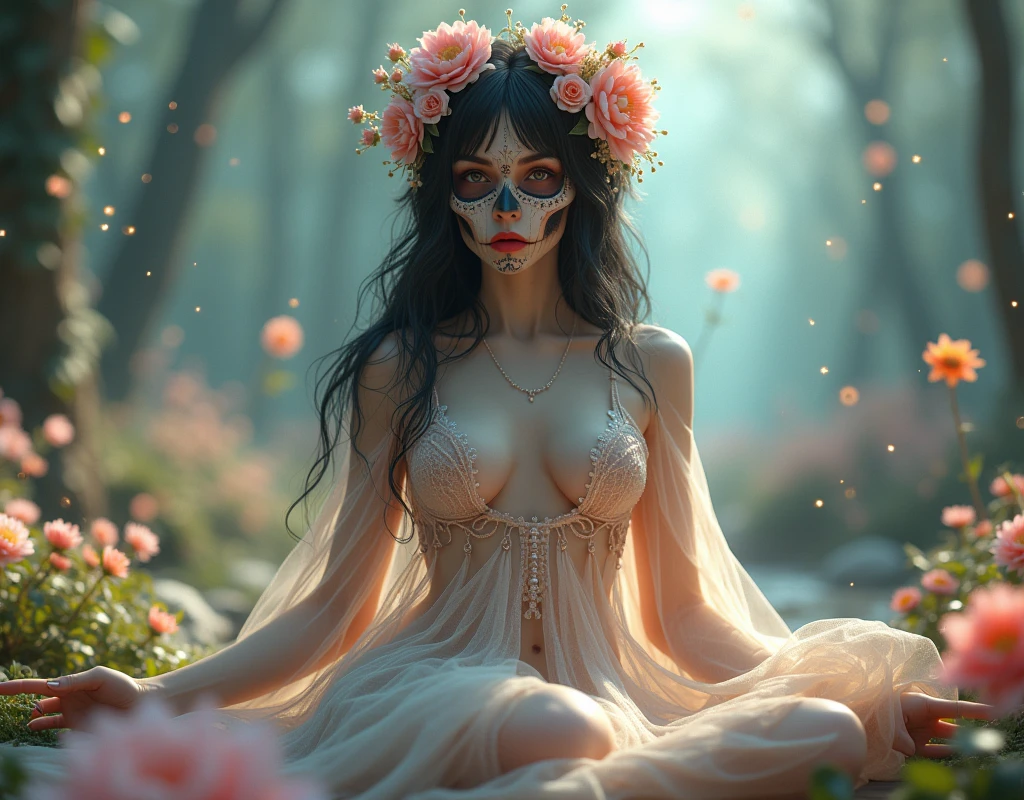 A captivating 3D rendering of a young nude woman with her legs open wide, clad in a delicate cobweb-like material that accentuates her ethereal beauty. Her raven-black hair flows gracefully, adorned with a myriad of delicate flowers that contrast her enchanting skull face, revealing captivating eyes and seductive red lips. Surrounding her is a dreamy, otherworldly forest, with soft pastel hues and mystical foliage, creating an atmosphere of bewitching charm.