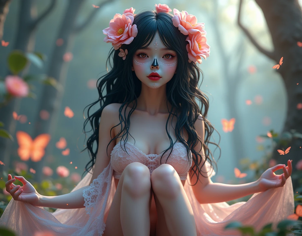 A captivating 3D rendering of a young nude woman with her legs open wide, clad in a delicate cobweb-like material that accentuates her ethereal beauty. Her raven-black hair flows gracefully, adorned with a myriad of delicate flowers that contrast her enchanting skull face, revealing captivating eyes and seductive red lips. Surrounding her is a dreamy, otherworldly forest, with soft pastel hues and mystical foliage, creating an atmosphere of bewitching charm.