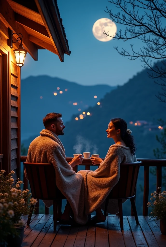 Couple sitting in balcony drinking coffee and looking beautiful nature at hill station night view 