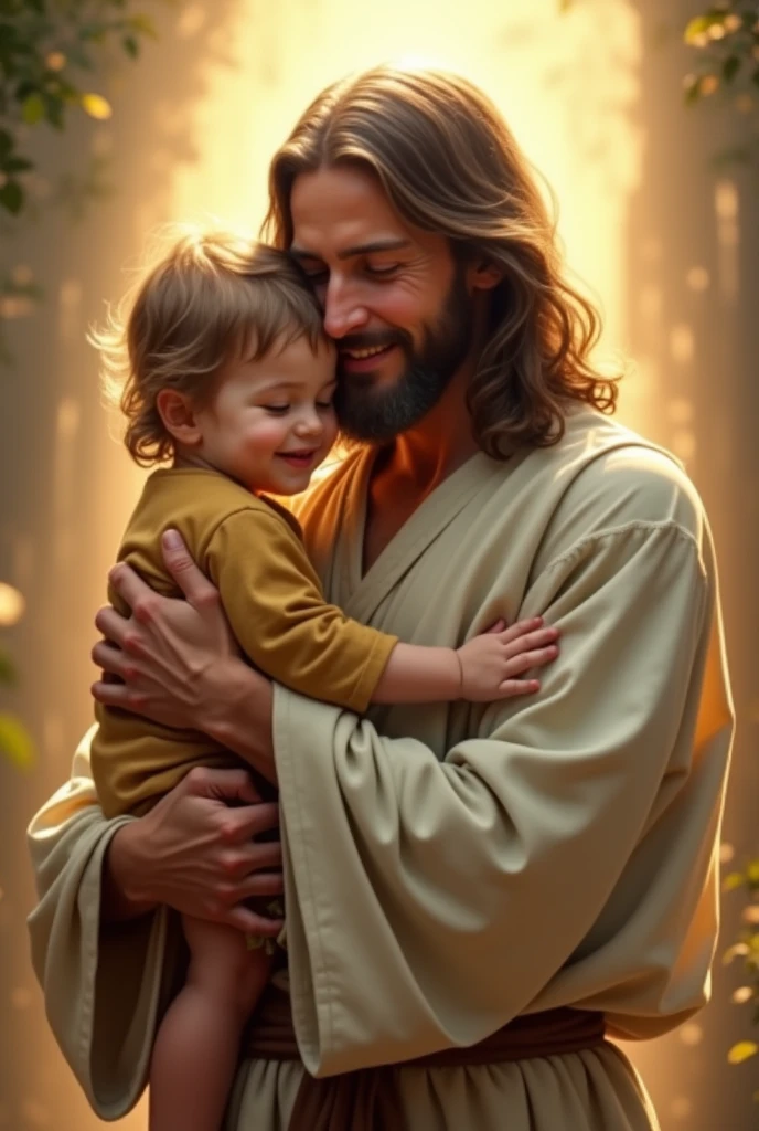 “Jesus lovingly embracing a young child, with a warm and compassionate smile on His face. He is dressed in traditional robes, and the child is resting peacefully in His arms. The background is a soft, glowing light, symbolizing comfort and safety, with both figures bathed in a gentle glow.”