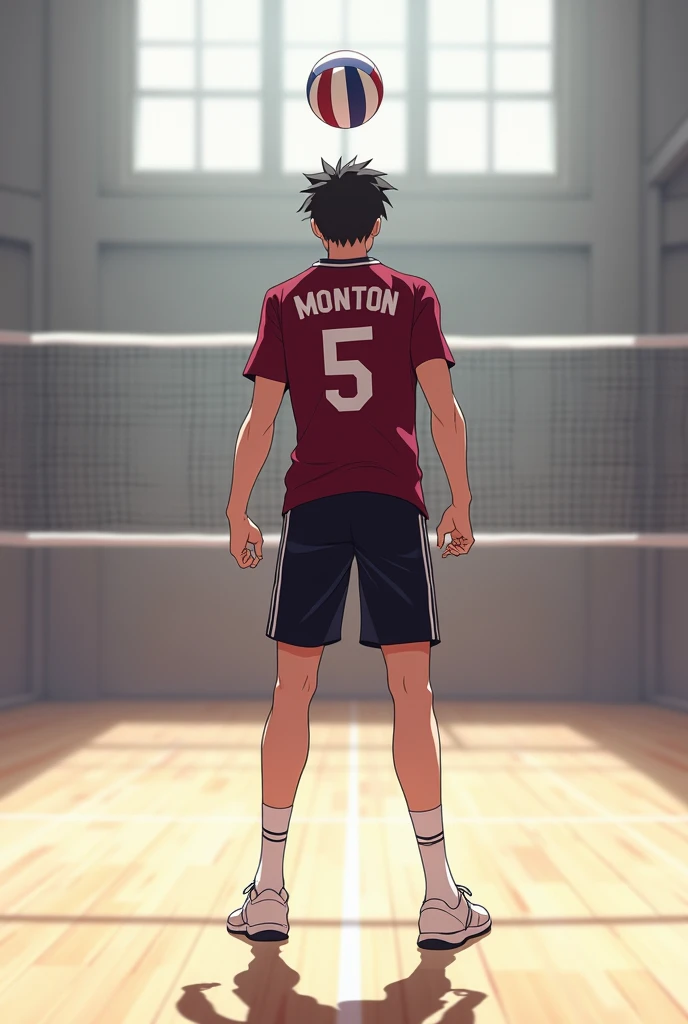 Minimalist volleyball theme wallpaper,men. Indoor. Men spiking with a last name "Monton" and a jersey number "5" . Anime men. Spiking a ball"solo", two block hair maroon jersey,black short, white sock's and shoe's. Preference: little giant from karasuno. Back view. Yhe character is facing the net while jumping and spiking with fot are bend and arms ready to hit the ball. The hands are like holding a bow without the bow