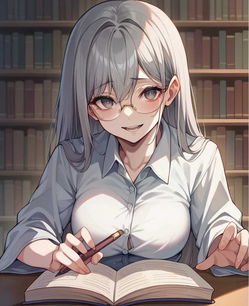 Yandere、Gray Hair、One Woman、intellectual、Glasses、Highest quality、high quality、library、Book