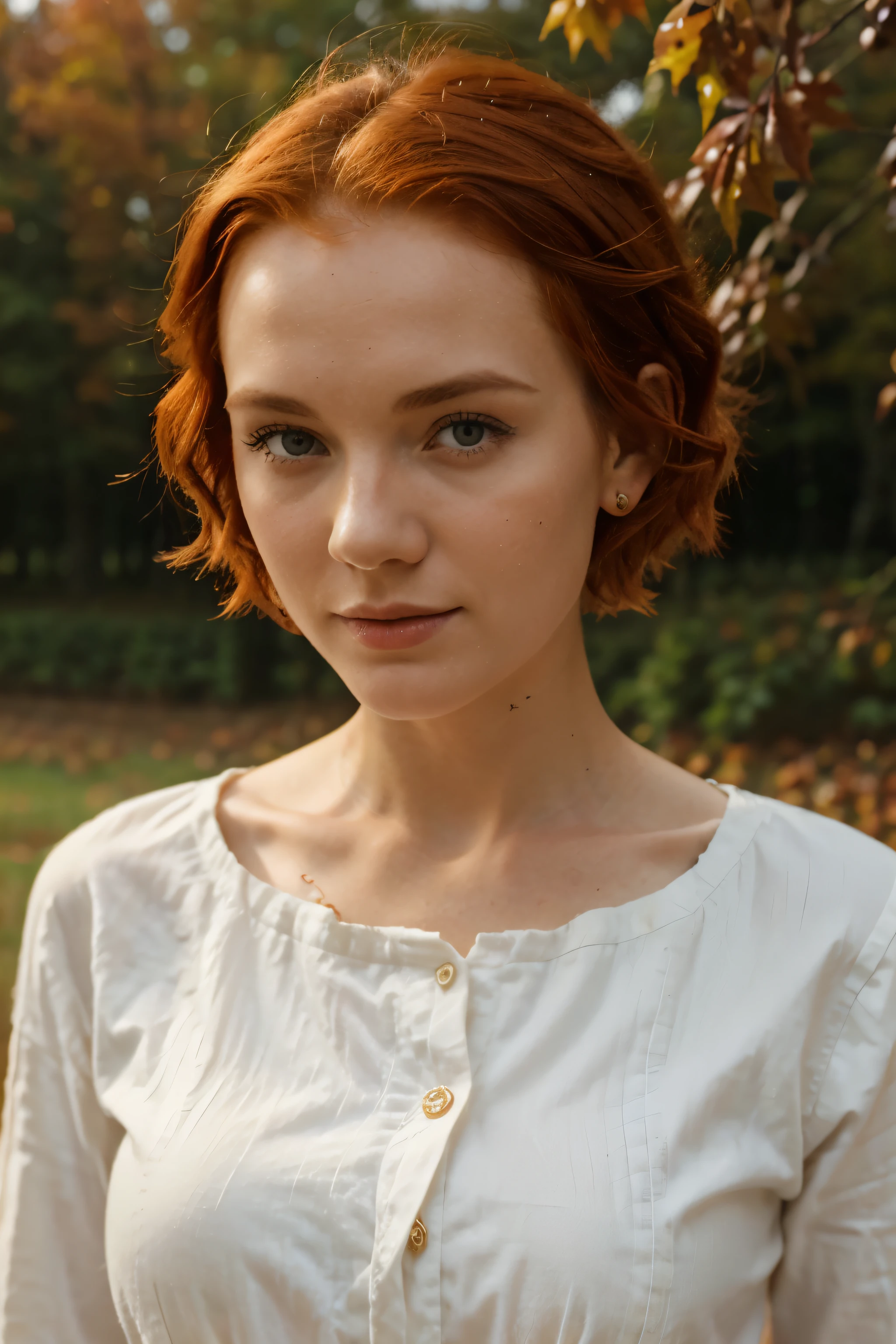 European peasant woman, redhead, medium short hair, 1930s, autumn-winter, Forehead