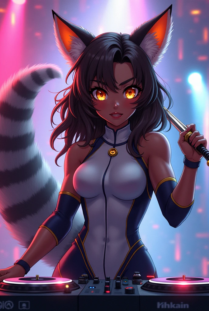 You're going to make an anime-style caricature of a muscular woman, dark-skinned, with medium brown wavy hair, orange eyes, Your attire is a Jaeger pilot suit., with orange fox ears, and a very fluffy grey Lemur tail on a DJ console with her headphones on and holding a fencing sword in her hands and she looks very angry 