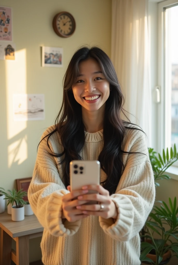 A 30-year-old Japanese woman taking a selfie in her room.