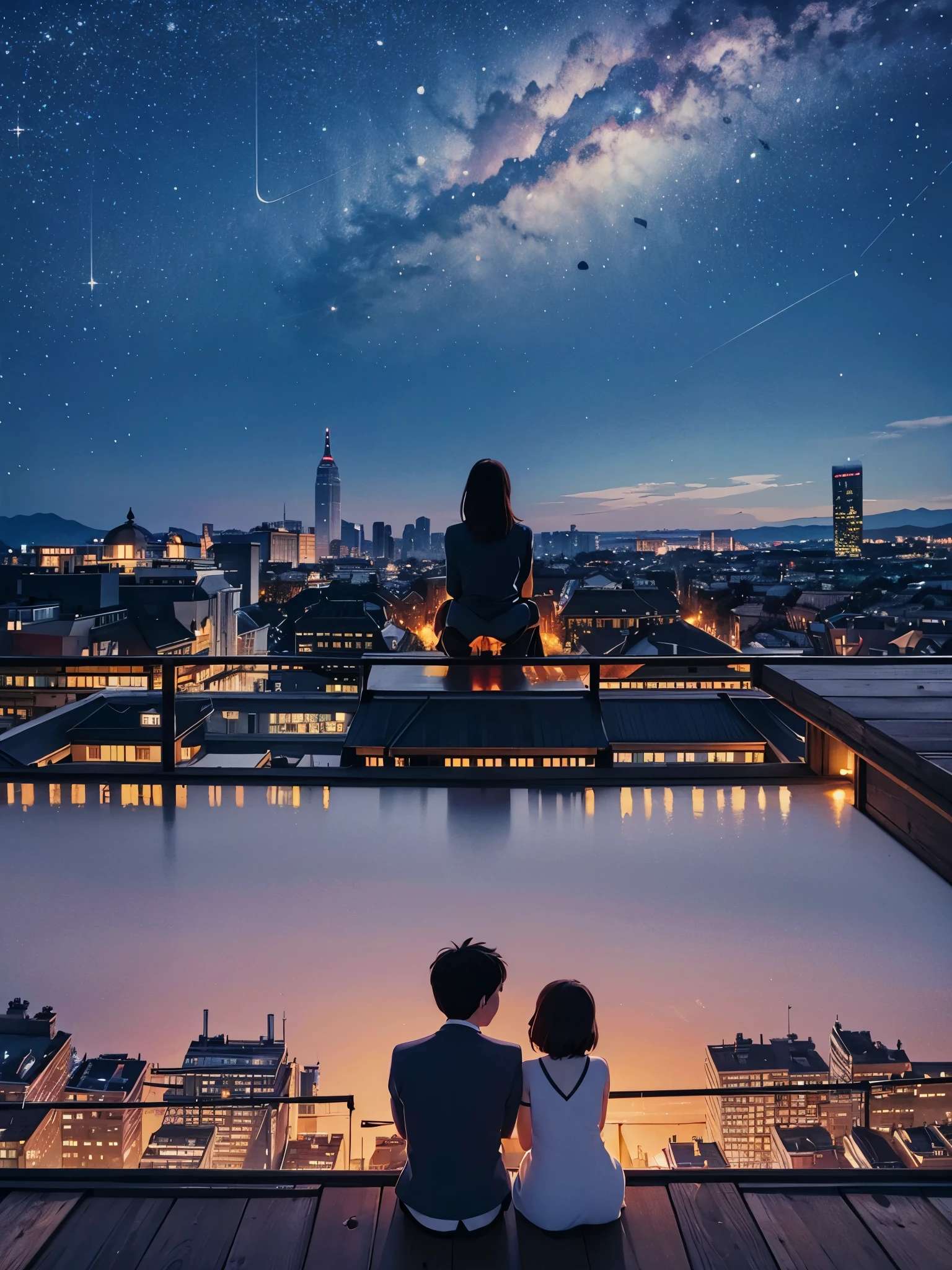 As two figures sit perched on a rooftop，When looking up at the stars，A serene scene unfolds。Twinkling celestial bodies shimmer like diamonds against the night sky。The couple's faces are bathed in a soft, warm glow，A contemplative stillness hangs in the air。The city skyline stretches out behind them，The gentle hum of city life provides a soothing background melody。