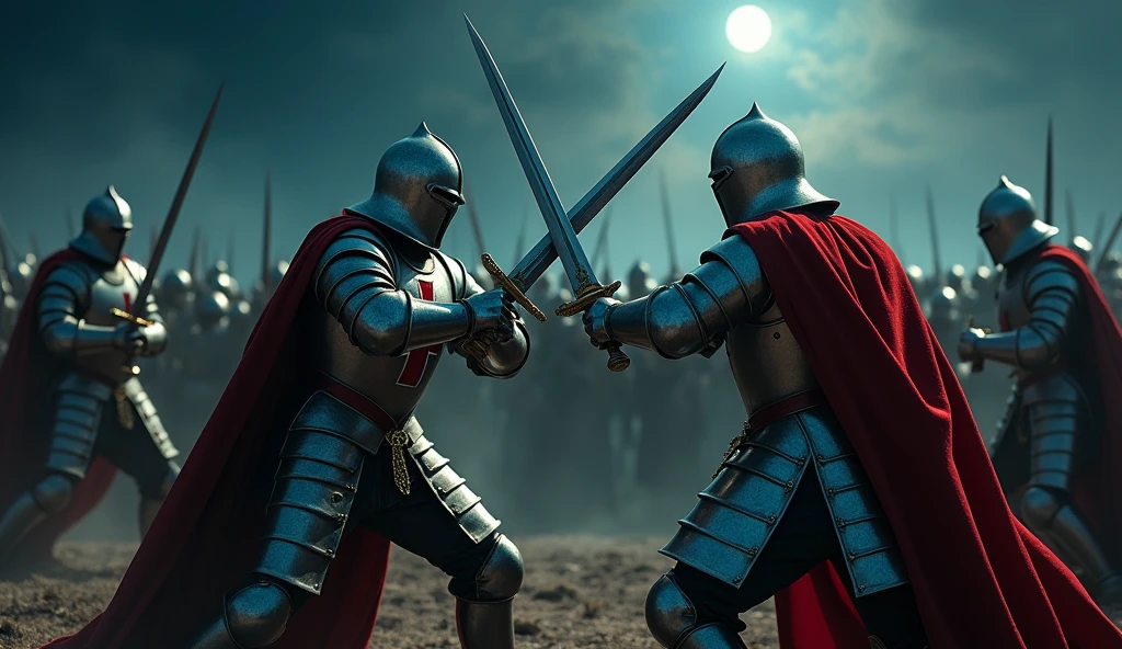 A highly realistic, high-contrast, 8K HD, detailed, hyper-detailed image of Crusader knights engaged in fierce combat on the battlefield at night, wielding their swords with skill and determination. The knights, clad in steel armor with red crosses painted on their chests, battle against their enemies under the cover of darkness. The moonlight and faint glimmers of starlight cast an eerie glow over the scene, reflecting off their armor as they clash in the midst of combat. The atmosphere is intense and filled with the tension of battle, capturing the raw power and courage of the Crusaders as they fight valiantly in the night. The image is of the highest quality, with ultra-high resolution, RAW photo quality, and Unreal Engine rendering, showcasing the heroic and relentless spirit of the Crusader knights as they battle under the night sky.