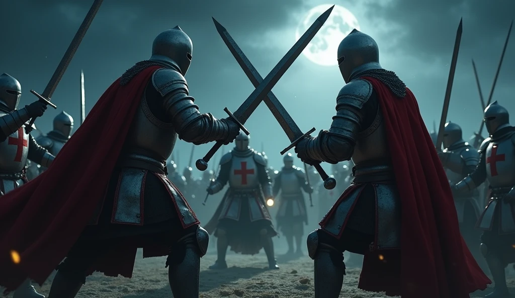 A highly realistic, high-contrast, 8K HD, detailed, hyper-detailed image of Crusader knights engaged in fierce combat on the battlefield at night, wielding their swords with skill and determination. The knights, clad in steel armor with red crosses painted on their chests, battle against their enemies under the cover of darkness. The moonlight and faint glimmers of starlight cast an eerie glow over the scene, reflecting off their armor as they clash in the midst of combat. The atmosphere is intense and filled with the tension of battle, capturing the raw power and courage of the Crusaders as they fight valiantly in the night. The image is of the highest quality, with ultra-high resolution, RAW photo quality, and Unreal Engine rendering, showcasing the heroic and relentless spirit of the Crusader knights as they battle under the night sky.