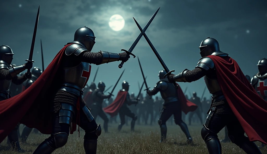 A highly realistic, high-contrast, 8K HD, detailed, hyper-detailed image of Crusader knights engaged in fierce combat on the battlefield at night, wielding their swords with skill and determination. The knights, clad in steel armor with red crosses painted on their chests, battle against their enemies under the cover of darkness. The moonlight and faint glimmers of starlight cast an eerie glow over the scene, reflecting off their armor as they clash in the midst of combat. The atmosphere is intense and filled with the tension of battle, capturing the raw power and courage of the Crusaders as they fight valiantly in the night. The image is of the highest quality, with ultra-high resolution, RAW photo quality, and Unreal Engine rendering, showcasing the heroic and relentless spirit of the Crusader knights as they battle under the night sky.
