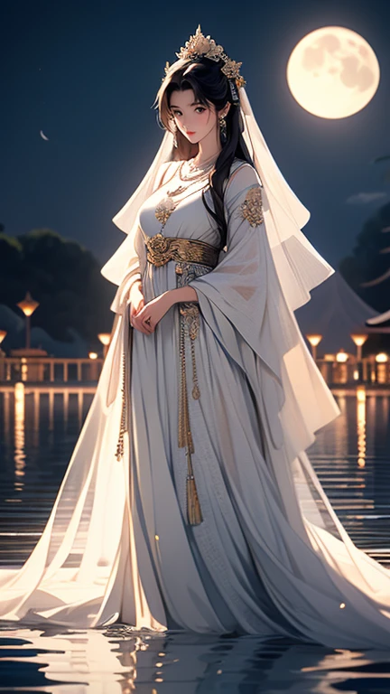 (masterpiece,Highest quality,,8k,High resolution),One female,,Compassionate Mother Kannon,Black Hair,,Wave,,Standing on the surface of the water,,flower,bird,,moon,,jewelry,Holding,Long sleeve,Veil,necklace,Lotus,Long Hair,dress,(whole body),Highly detailed CG,