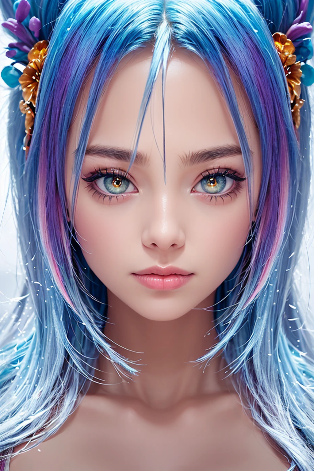 (colorful photo, many colors:1.2) from front, looking straight at viewer, (intricate detailed eyes looking straight ahead,:1.2) ultimate symmetrical and parallel face and eyes and nose and mouth to vertical, symmetrical snow scene pattern background, ultimate parallel body to vertical, smooth and gentle gradient of skin,soft brightness, soft saturation,