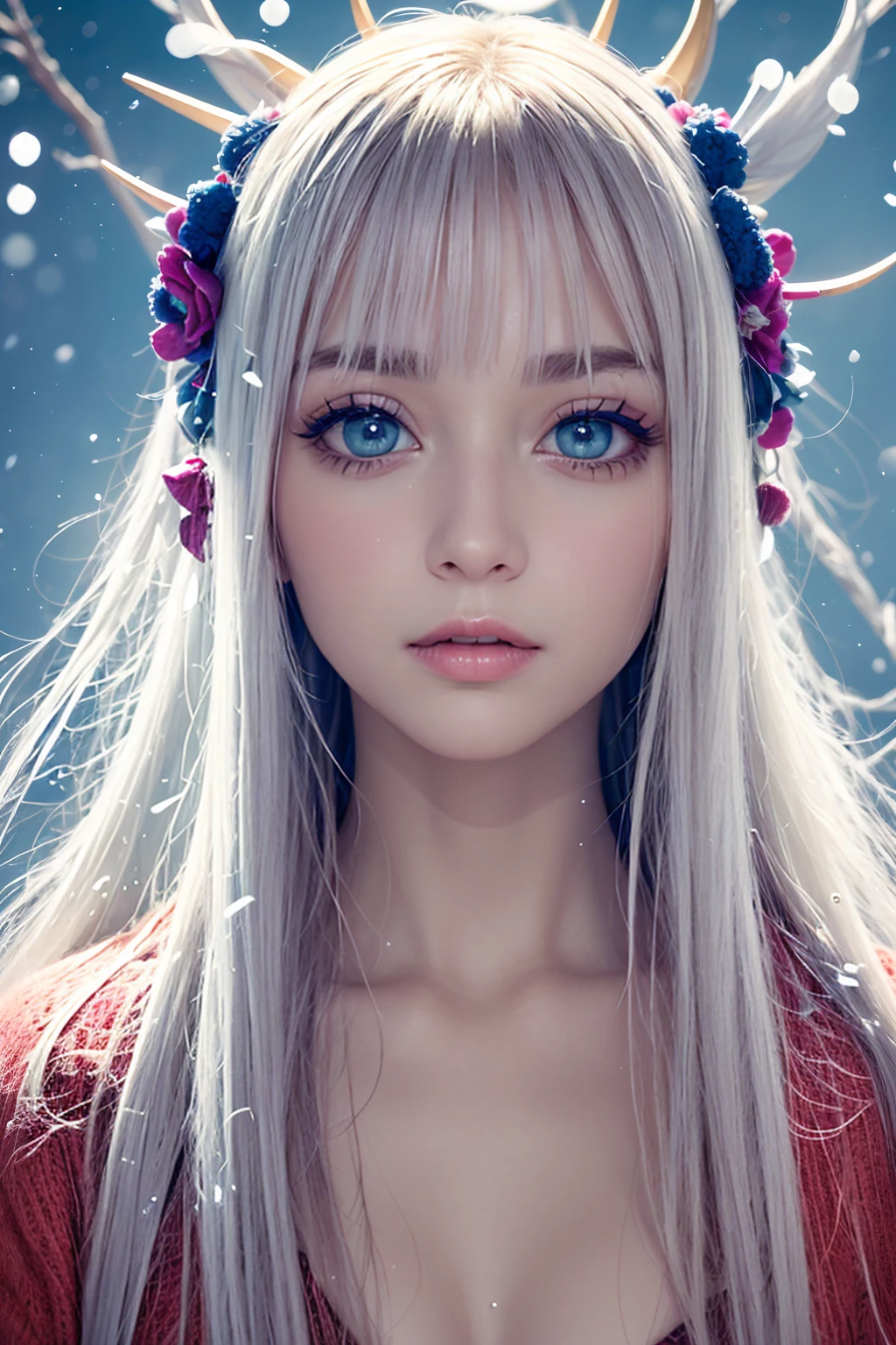 (colorful photo, many colors:1.2) from front, looking straight at viewer, (intricate detailed eyes looking straight ahead,:1.2) ultimate symmetrical and parallel face and eyes and nose and mouth to vertical, symmetrical snow scene pattern background, ultimate parallel body to vertical, smooth and gentle gradient of skin,soft brightness, soft saturation,