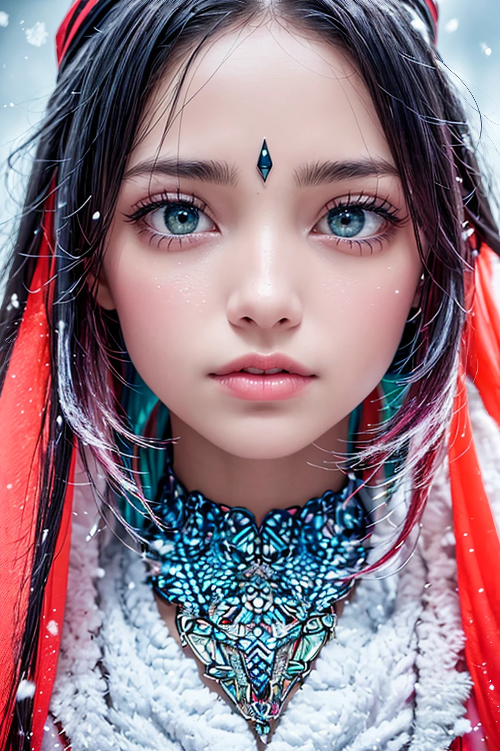 (colorful photo, many colors:1.2) from front, looking straight at viewer, (intricate detailed eyes looking straight ahead,:1.2) ultimate symmetrical and parallel face and eyes and nose and mouth to vertical, symmetrical snow scene pattern background, ultimate parallel body to vertical, smooth and gentle gradient of skin,soft brightness, soft saturation,