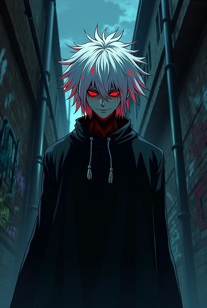 Make a white-haired man with red parts, Scarlet eyes, standing with a sinister and terrifying aura.
anime styling
