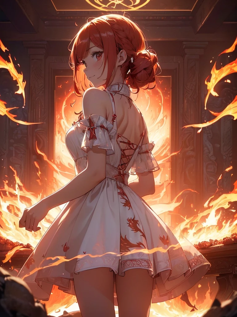 (((best quality, sharp image, clear image, cinematic lighting, 8k resolution, masterpiece, ultra detailed, intricate))) Girl, (((looking over left shoulder))), (shot from behind), ((half shot)), fiery red hair, pigtails, ((white dress)), ((flaming sigils, flaming runes)), spiky rock formations, (flaming lotus flowers frame), (intricate background), ((Phoenix)), (swirling flames), smiling