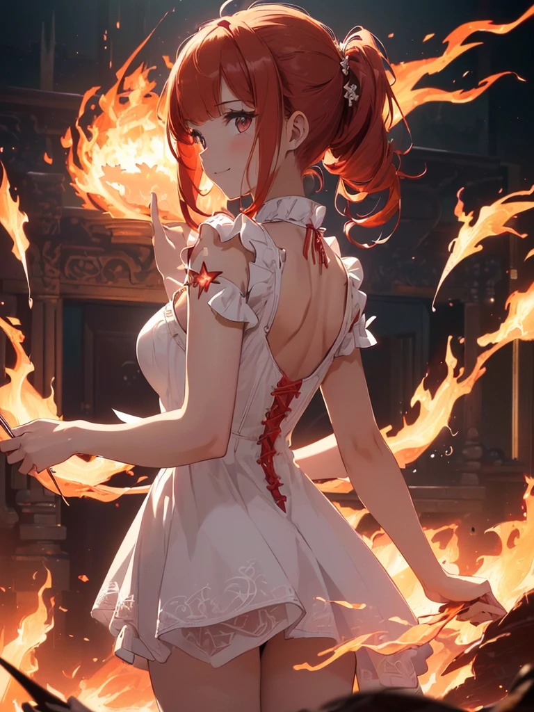 (((best quality, sharp image, clear image, cinematic lighting, 8k resolution, masterpiece, ultra detailed, intricate))) Girl, (((looking over left shoulder))), (shot from behind), ((half shot)), fiery red hair, pigtails, ((white dress)), ((flaming sigils, flaming runes)), spiky rock formations, (flaming lotus flowers frame), (intricate background), ((Phoenix)), (swirling flames), smiling