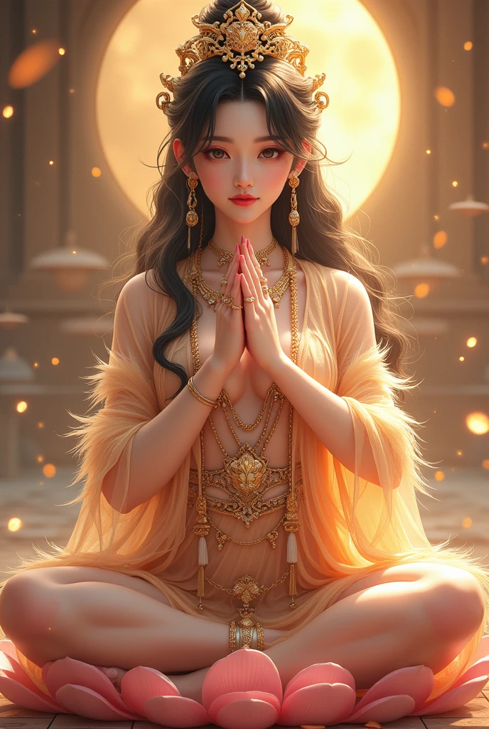 Ultra-high resolution, Attention to detail, Highest quality, Photorealistic, (((女god))), ((Glamour body:1.2, Plump:1.2, potbelly:1.2)), , ((See-through feather robe)), Asian Woman Face, Baby Face, The eyes are large, Full body portrait, glossy and shimmering black hair, Mizura, Multiple rings on wrists and ankles, A necklace studded with jewels, Beautiful golden crown with decorations, god々New Background, Multiple lights dance in the air, Making a ring with the thumbs and index fingers of both hands, Sitting cross-legged, Sitting on a lotus flower
