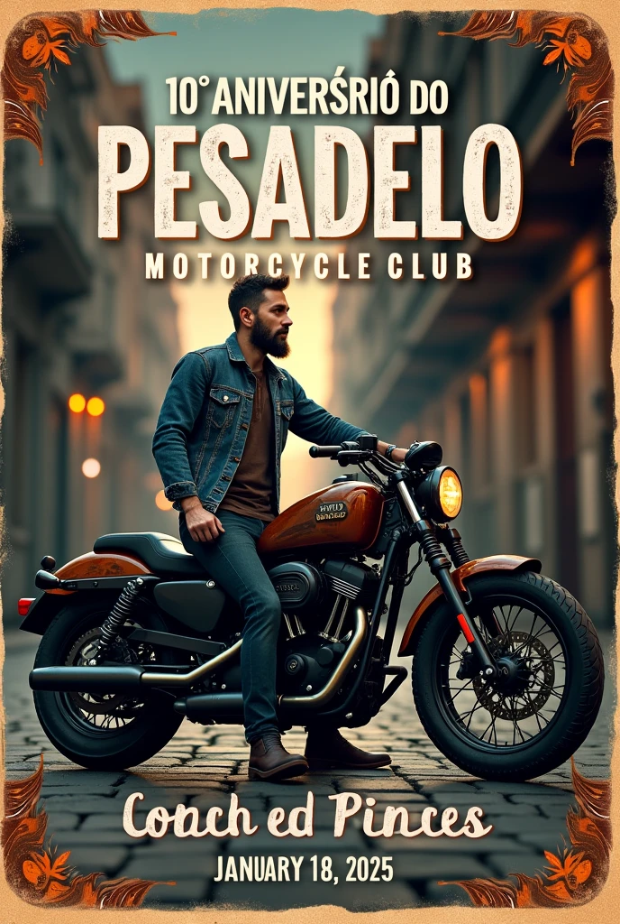 Flyer with vintage motorcycle event text IN PORTUGUESE: 10th ANNIVERSARY of PESADELO Motorcycle Club January 18, 2025
Motorcycle rider in a denim jacket