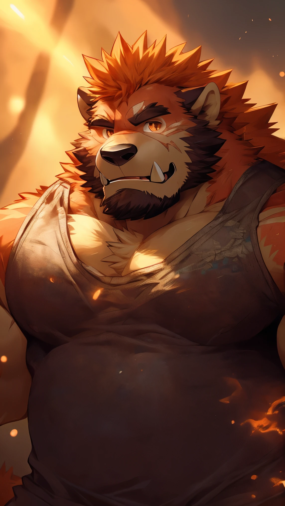 human nature, wild animals, male,36 years old,uncle, solitary, ((Round Face, The face is plump,Orange Eyes,Thick Orange Hair,Scars)), ((Endomorph, Handsome,Hot Blood)), (Mecha suit,no electricity,exhausted), ((domestic 狼, Wolf Orc,) Fluffy fur, Fluffy), Bokeh, (high quality, high resolution, masterpiece), (Dynamic Lighting, Vibrant colors), (Revitalize,harm,Contempt), Full body pictures (close up), cartoon, author:Takemoto Arashi, From Zixiong, author:Chunni, author:Ethereal,(background:Rainforest)