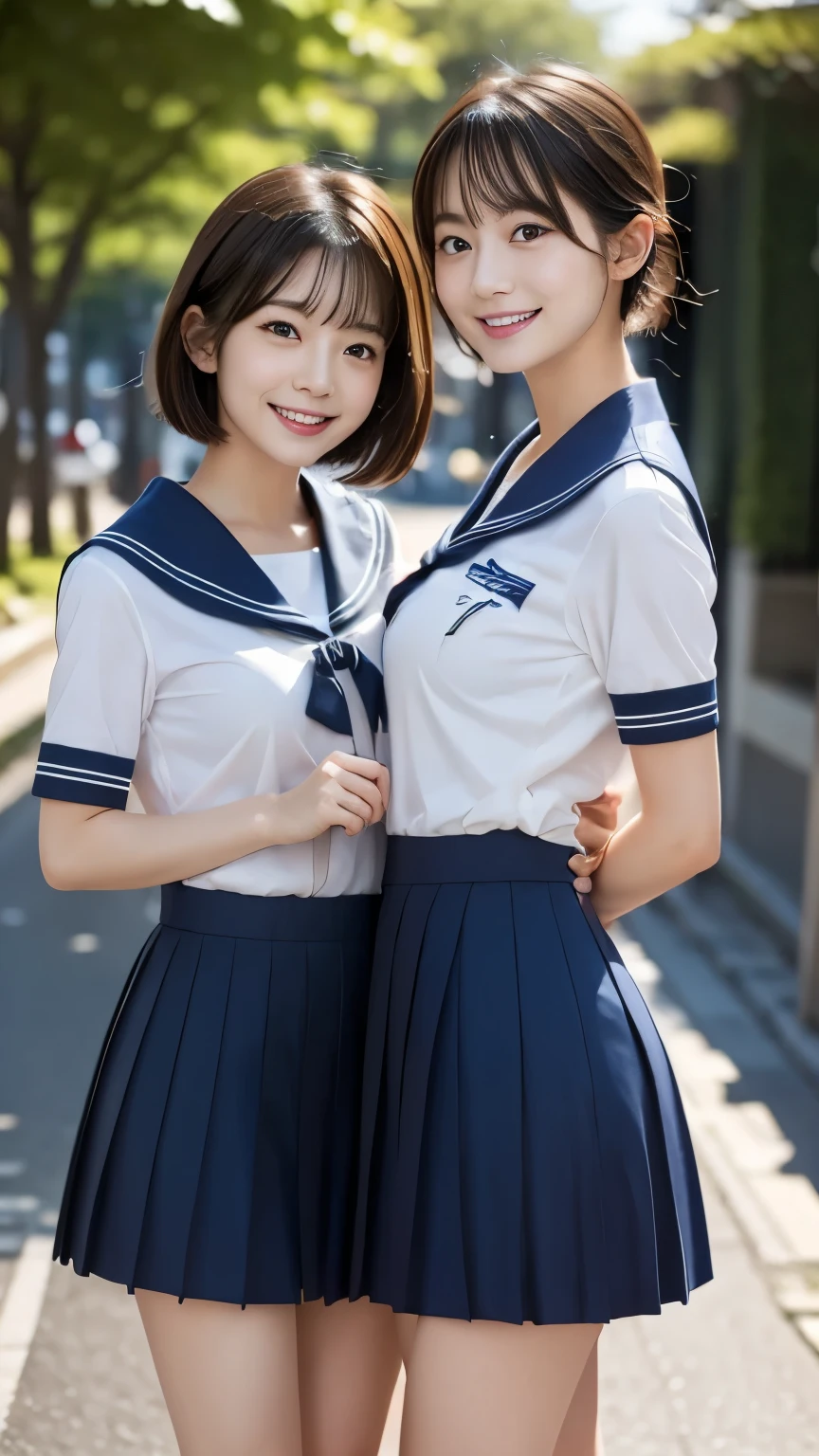 (2 people, Same height :1.2) ,  Sailor uniform,chool、 Couple Focus ,  Japanese ,  (Embarrassed face:0.7), (Stand next to each other), , Seaside,  Underarm, Big Breasts,Realistic nipples, Realistic ass crack, Grinning smile, Very short hair , (High color saturation:1.0),  (Very detailed肌), (Highest quality:1.0), (Ultra-high resolution:1.0) ,(Photorealistic:1.0), (Very detailed:1.0), (8k, RAW Photos:1.1)、((Shaved pubic hair))