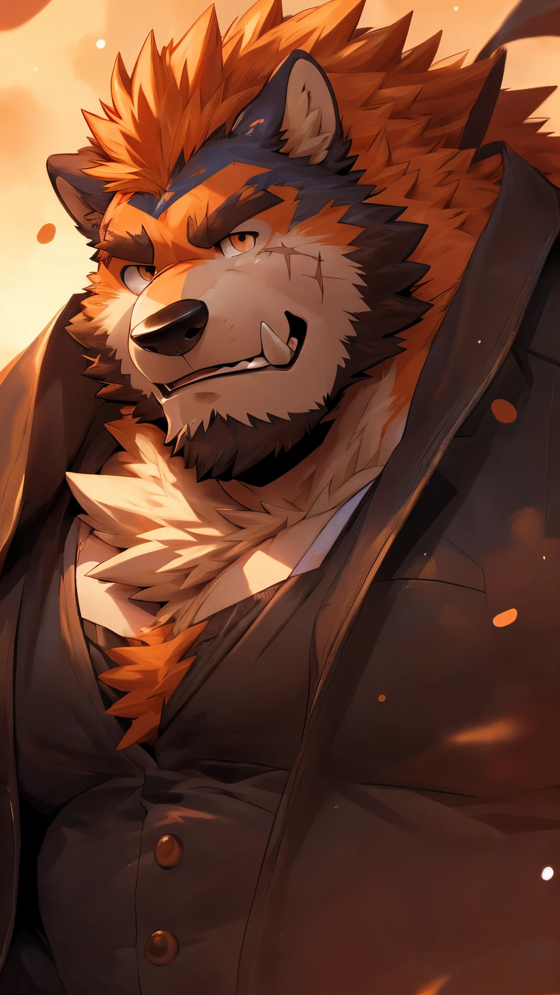 human nature, wild animals, male,36 years old，uncle， solitary, ((Round Face, The face is plump,Orange Eyes,Thick Orange Hair，Scars)), ((Endomorph, Handsome，Hot Blood)), （Mecha suit，no electricity，exhausted), ((domestic 狼, Wolf Orc，) Fluffy fur, Fluffy), Bokeh, (high quality, high resolution, masterpiece), (Dynamic Lighting, Vibrant colors), (Revitalize，harm，Contempt), Full body pictures (close up), cartoon, author：Takemoto Arashi, From Zixiong, author：Chunni, author：Ethereal，（background：Rainforest）