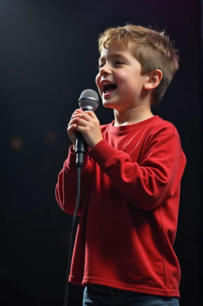 36 year old boy, with his microphone, asking the audience to sing with him.