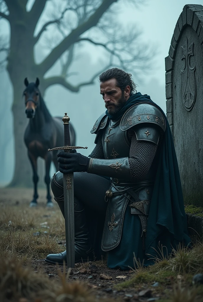 The camera shots from above kneeling man holding sword near horse, medieval dark fantasy, medieval holy knight crusader, holy knight crusader of the middle ages, holy crusader of the middle ages, arthur tarnowski, vikings and templars aesthetics, adam marczynski, still from fantasy movie, holy medieval crusader, holy sword in hands, medieval fantasy, fantasy middle ages, sad crusader, prayer at the grave.