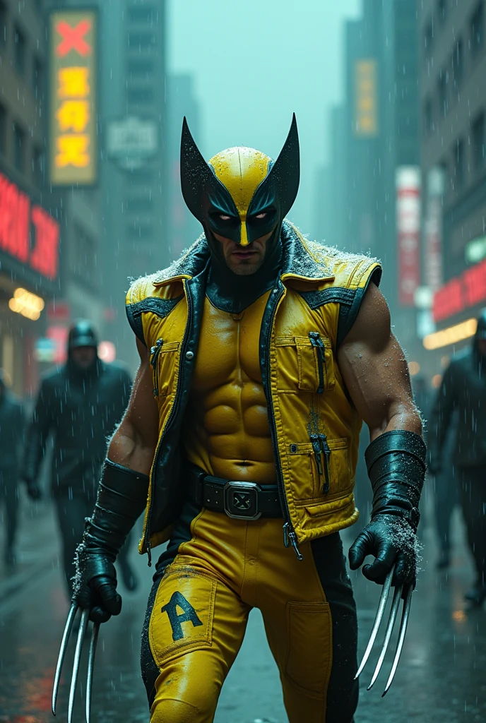 Criar umas imagens  
Actor asian Akira kaneda's wolverine creepy monstrous scary as wolverine Year 2099s from X-Men's filmed by ZackSnyder, wolverine dress traje semi rasgado , fighting against thugs X-men Full body , traje rasgado semi Pearl yellow black neon-infused psicodélic fragments splash Snowflakes X-shaped stripes raytracing  fashion Week , variant angles, captured with award-winning photography technique, cinematic, dark environment, bokeh, grainy, urban-xmen setting, blurry, IMAx, filmed with Kodak portrait 400, 200mm, f2.8, high resolution, teal filter.Adicione efeitos com chuva, e. Novas cores e trajes diferente em cenas imagens feita,  