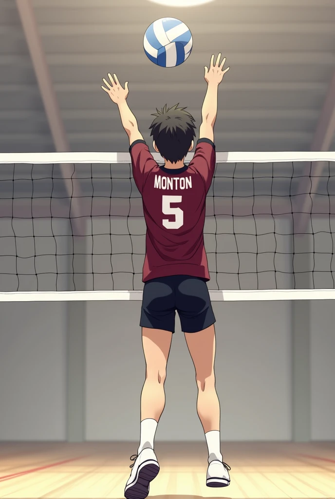 Minimalist volleyball theme wallpaper,men. Indoor. Men spiking with a last name "Monton" and a jersey number "5" . Anime men. Spiking a ball"solo", two block hair maroon jersey,black short, white sock's and shoe's. Preference: little giant from karasuno. Back view. Yhe character is facing the net while jumping and spiking with fot are bend and arms ready to hit the ball. The hands are like holding a loaded bow without the bow