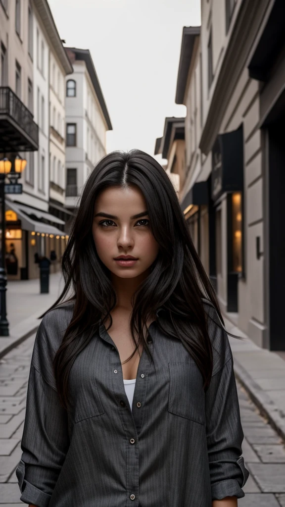 Portrait beautiful girl dark hair, gray eyes, open shirt, lachs, on the street., the design creates an atmosphere of mystery, fantasy, and magic, 8k resolution, hyper realistic