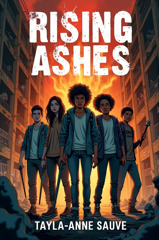 Create a book cover called Rising Ashes By Tayla-Anne Sauve that’s about a bunch of teenagers trying to survive a zombie apocalypse 