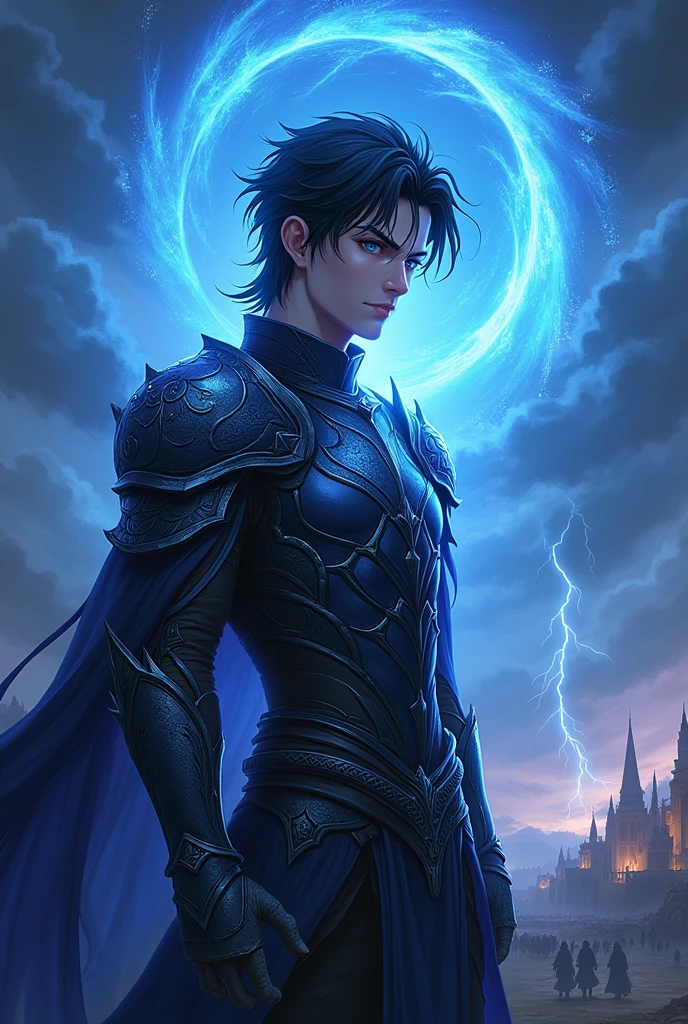 Create a MALE character with a warrior style, black hair with a cobalt blue strand in a single hair, COBALT blue eyes and a cobalt blue aura emanating from his body. Make it like a web novel cover with the name: The Eminent Divine Spirit, written on the cover.
