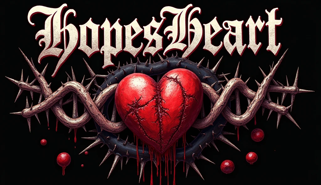 Hyper realistic , 4k, ultra realistic,A Deathcore Metalcore band logo with the text “HopesHeart” at the top center. The text  “Broken Chromosomes” at the bottom center. Logo needs to include a very bloody heart getting ripped out of a females  chest with thorns, bloody DNA strands, horror, gore, body parts, body organs, gory body heart ripped out 