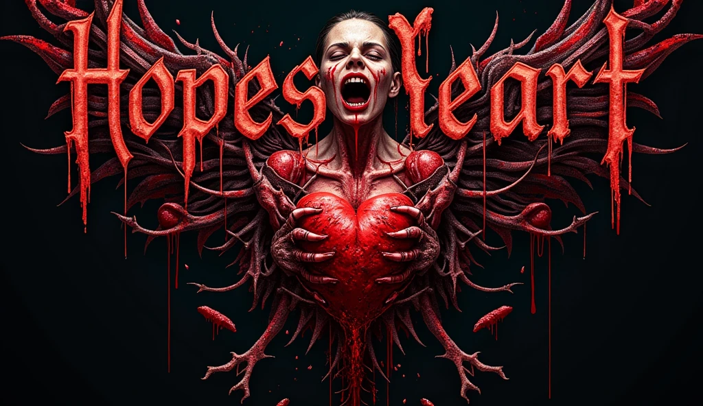 Hyper realistic , 4k, ultra realistic,A Deathcore Metalcore band logo with the text “HopesHeart” at the top center. The text  “Broken Chromosomes” at the bottom center. Logo needs to include a very bloody heart getting ripped out of a females  chest with thorns, bloody DNA strands, horror, gore, body parts, body organs, gory body heart ripped out 