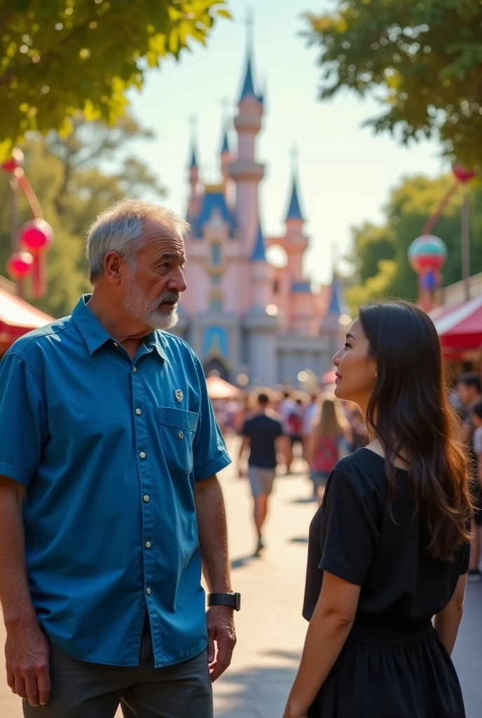 A man named Steve with blue shirt cries and   girl named Emily wearing black clothes  leaves the place
At Disneyland usa 