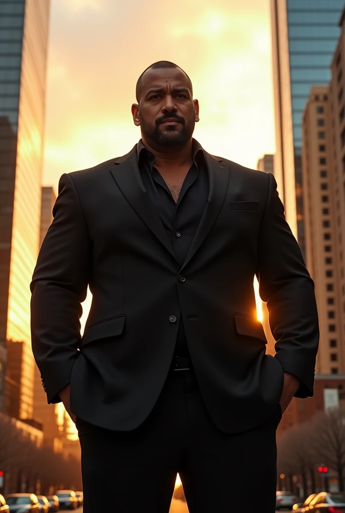 Image of a buff man, chichón, strong and big, with black suit 
