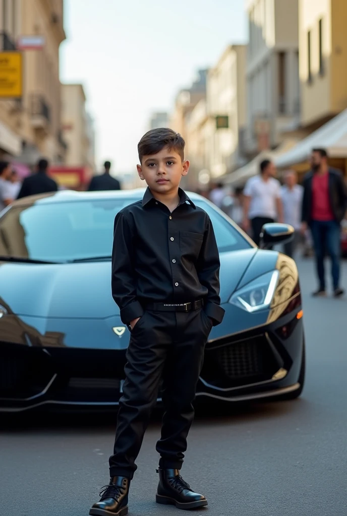 Creat a 3d illusion of 6 's stylish boy, Stand on the road,with car,Wearing black dress, write Arbab Hassan with capital fonts on the back mirror of car.
