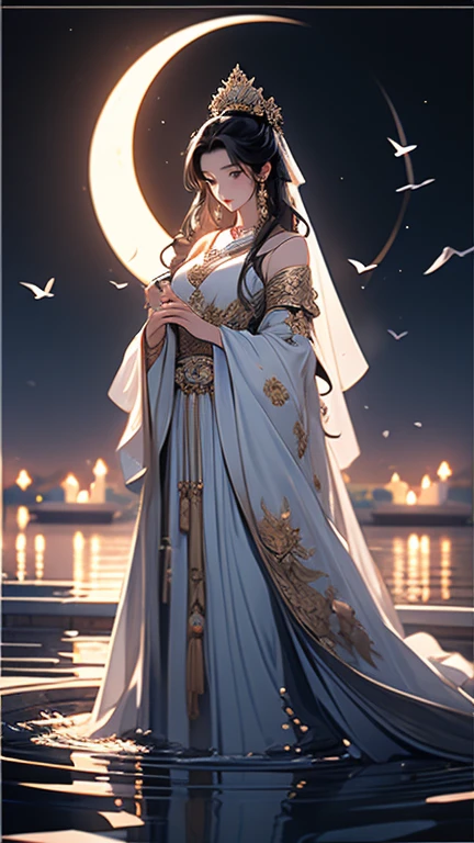 (masterpiece,Highest quality,,8k,High resolution),One female,,Compassionate Mother Kannon,Black Hair,,Wave,,Standing on the surface of the water,,flower,bird,,moon,,jewelry,Holding,Long sleeve,Veil,necklace,Lotus,Long Hair,dress,(whole body),Highly detailed CG,